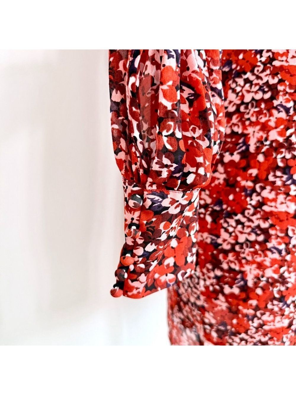 The Kooples Red Floral Long Sheer Sleeve Mini Wrap Dress Womens Size 0 Paris - Picture 4 of 15